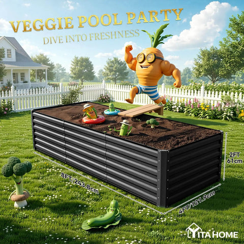 Large Raised Garden Bed Kit 8x4x2ft With Galvanized Metal Planter Box Includes Gloves Ground Nails Support Rods And Safety Rubber For Above Ground Planting Of Vegetables And Flowers In Black Finish in a backyard setting.