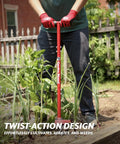 Person using Claw Pro Garden Tiller And Cultivator Tool with twist action soil loosener in garden bed, showing ergonomic handle and footplate.
