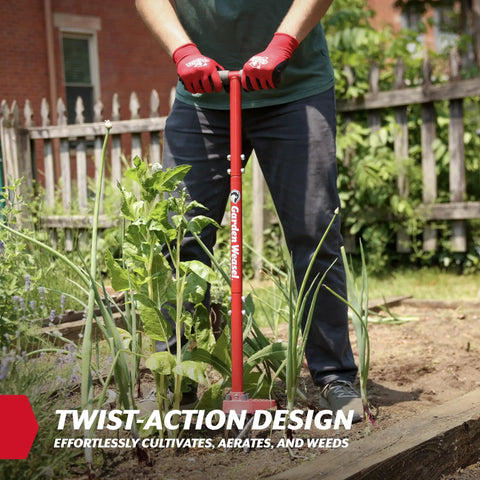 Person using Claw Pro Garden Tiller And Cultivator Tool with twist action soil loosener in garden bed, showing ergonomic handle and footplate.