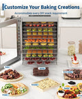A Heck Of A Food Dehydrator Featuring Twelve Heavy Duty Stainless Steel Trays With Precise Eighty Five To One Seventy Degree Fahrenheit Temp Control For Making Juicy Beef Jerky Garden Veggies And Healthier Snacks with fruits and jerky.