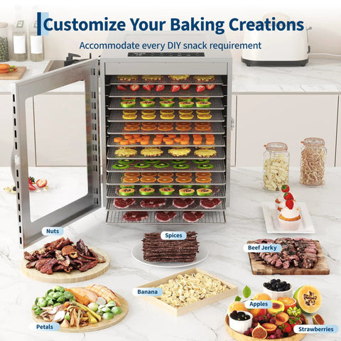 A Heck Of A Food Dehydrator Featuring Twelve Heavy Duty Stainless Steel Trays With Precise Eighty Five To One Seventy Degree Fahrenheit Temp Control For Making Juicy Beef Jerky Garden Veggies And Healthier Snacks with fruits and jerky.