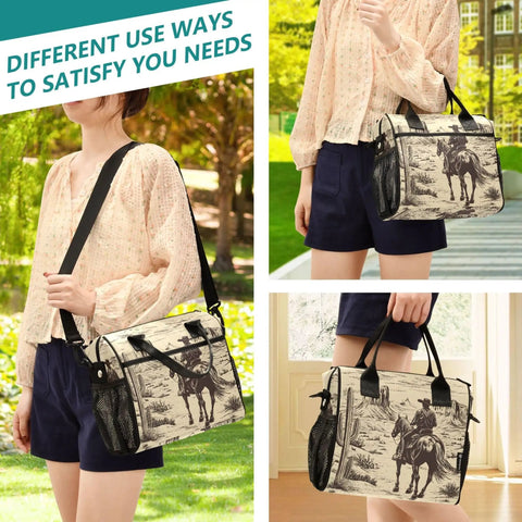 Desert Cowboy Insulated Lunch Bag Cooler Tote With Removable Shoulder Strap and Side Pockets in outdoor and indoor settings.