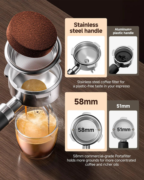 58mm Espresso Machine With PID Temperature Control And Built In Pressure Gauge For Light To Dark Roast Beans, showing stainless steel portafilter and coffee extraction into a glass.