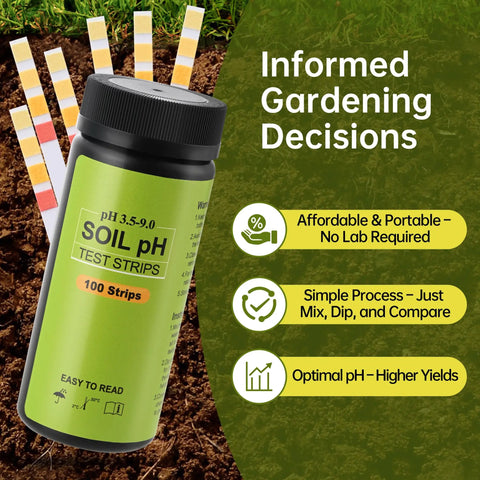 Ultimate PH Test Kit With 100 Strips For 3.5 To 9 Range, Accurate PH Tester package on soil with test strips displayed.