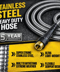 Heavy Duty 50 Ft Metal Garden Hose With Nozzle 304 Stainless Steel Construction displaying coiled hose and brass fitting