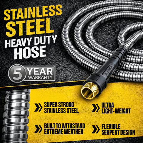 Heavy Duty 50 Ft Metal Garden Hose With Nozzle 304 Stainless Steel Construction displaying coiled hose and brass fitting