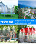 20 Pack Brass Misting Nozzles, 20 Pack Misting Nozzle Tees, And 2 End Plugs For Outdoor Patio Cooling System Bundle in use around trampoline, garden, and pool.