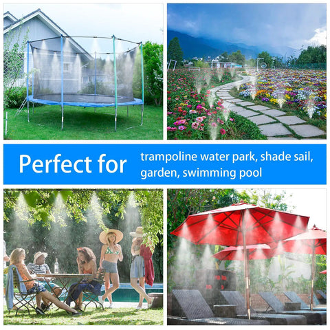 20 Pack Brass Misting Nozzles, 20 Pack Misting Nozzle Tees, And 2 End Plugs For Outdoor Patio Cooling System Bundle in use around trampoline, garden, and pool.