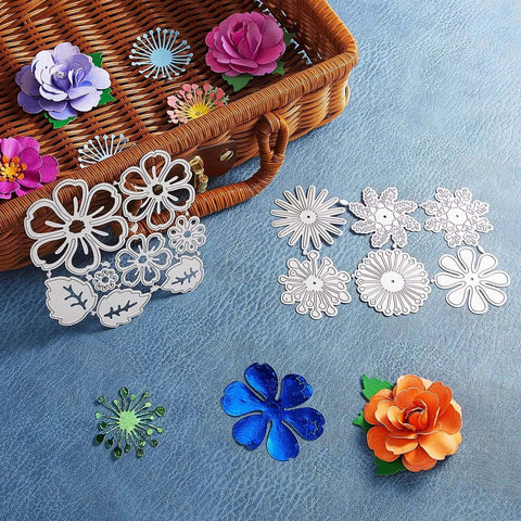 Dope 14 Piece Flower Leaves Metal Cutting Dies Set With 14 Styles For DIY Crafts And Scrapbooking on a blue surface