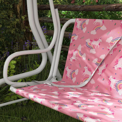 Close-up of Two Seater Kids Patio Swing With Adjustable Canopy Safety Belt Unicorn Rainbow Pattern Hanging Bench