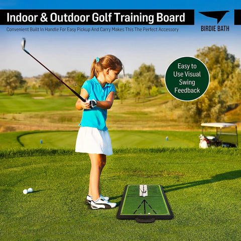 Young golfer using Sequin Tech Golf Mat With Instant Swing Feedback And Ball Impact Analysis, portable outdoor practice aid.