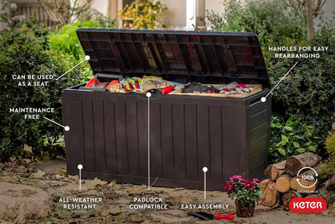 71 Gallon Outdoor Resin Storage Box For Patio Cushions And Throw Pillows, open lid, filled with tools, garden setting