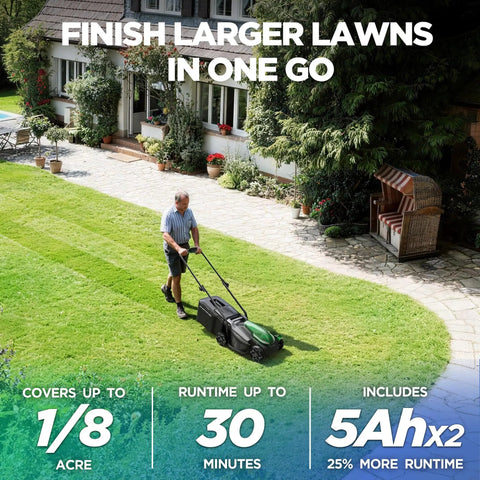 Ultra-Light 14 Inch Cordless Lawn Mower With 20V 2x5Ah Batteries Ultra Quiet Motor For Small Yards Finishes Up To 5,000 Sq Ft On One Charge Easy Push Lightweight Mower For Urban Lawns And Backyard Maintenance, man mowing lawn