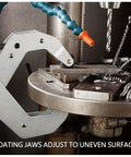 Two Pack Heavy Duty Cantilever Lever Clamps Featuring Deep Throat Access And Floating Parallel Jaws That Lock Rock Solid Without Binding in use, clamping metal.