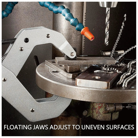 Two Pack Heavy Duty Cantilever Lever Clamps Featuring Deep Throat Access And Floating Parallel Jaws That Lock Rock Solid Without Binding in use, clamping metal.