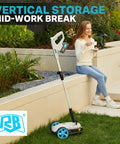 40V 9 Inch Cordless Lawn Mower With Battery And Charger For Small Yards Ultra Lightweight And Compact Brushless Motor For Low Maintenance Mulching Easy Start No Fuss For Small Lawns Up To 540 Sq Ft. vertical storage beside seated user