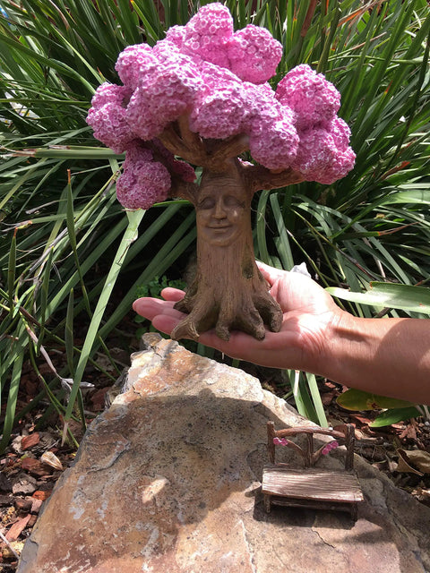 Ethan's Magical Tree With Matching Fairy Bench For Enchanted Garden, 9 Inch Tall Resin Miniature Tree and Bench Set on Rock