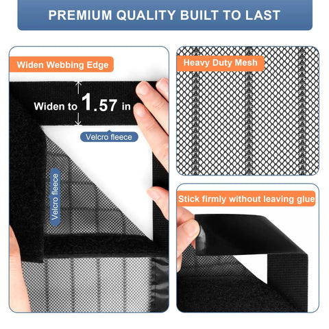 Close-up of Magnetic Screen Door Mesh Fits 32 By 80 Inch Door With Curtain Size 34 By 82 Inch, showing webbing edge, mesh and adhesive details.