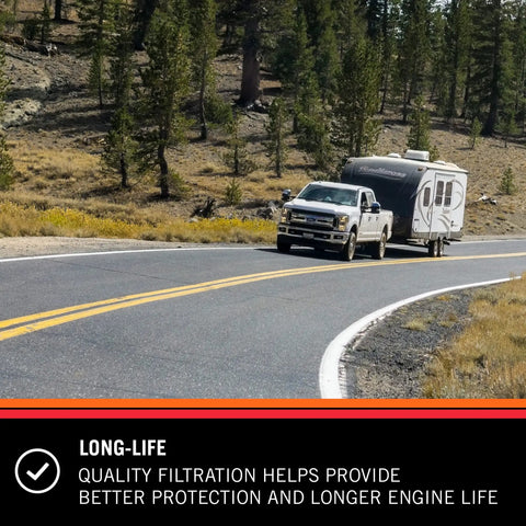 Truck towing a trailer on a road, promoting Gasoline Fuel Filter For Ford Lincoln Mercury Mazda 1982 To 2013 Vehicles High Performance.