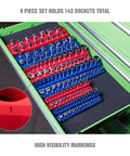 Six Pack Magnetic Socket Organizer Set For 1/4, 3/8, And 1/2 Inch Drive Sockets, SAE And Metric Compatible in toolbox drawer