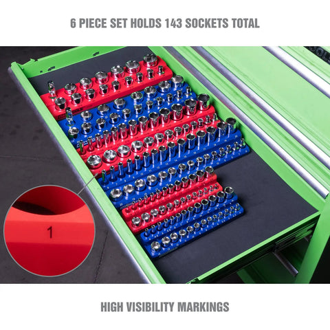 Six Pack Magnetic Socket Organizer Set For 1/4, 3/8, And 1/2 Inch Drive Sockets, SAE And Metric Compatible in toolbox drawer
