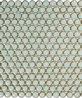 Light Green Penny Round Porcelain Tile Mesh Mounted Mosaic For Floor And Wall Use Eleven Seven Eighths Inch By Twelve Five Eighths Inch Glazed High Sheen Finish PEI IV Ten Point Five Sq Ft Per Case Ten Pieces, showing tile pattern