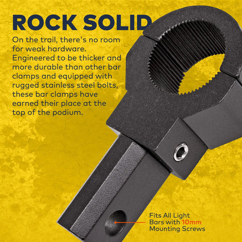 Close-up of an Off Road Light Bar Mounts For ATV UTV 360 Degree Rotating Clamp Kits Aluminum Roll Bar Mount with bolt.