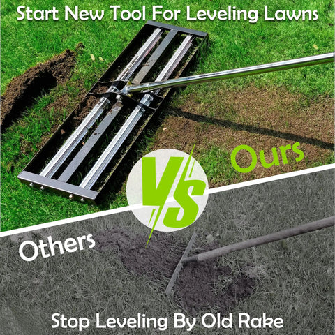 30x10 Inch Lawn Leveling Rake With Aluminum Rollers And Stainless Steel Build shown flattening soil.