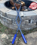 Heavy Duty Collapsible Firewood Tongs 28 Inch Solid Manganese Steel With Serrated Scissor Jaws by a fire pit with logs