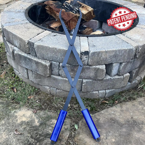Heavy Duty Collapsible Firewood Tongs 28 Inch Solid Manganese Steel With Serrated Scissor Jaws by a fire pit with logs