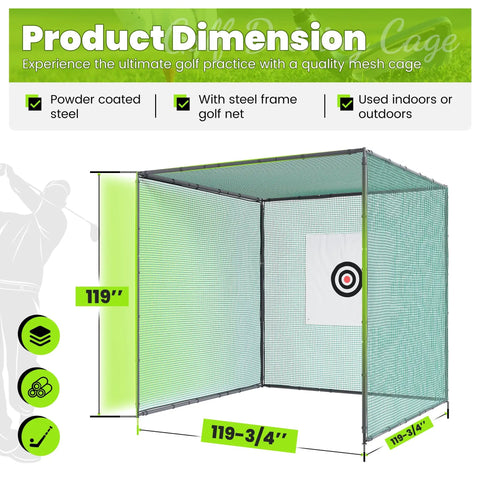 Golf Practice Cage With Steel Frame 10x10x10ft Driving Net for full swing, green and black mesh, backyard indoor outdoor use