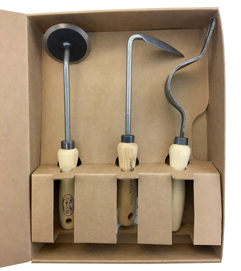 Three Piece Weeding Kit With Disc Weeder, Cape Cod Weeder, And Weedpopper in cardboard packaging for quick garden weeding.