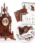 LED 3D Wood Puzzle Clock Tower Kit For Adults displaying assembled wooden clock, instruction booklet, and puzzle pieces layout.