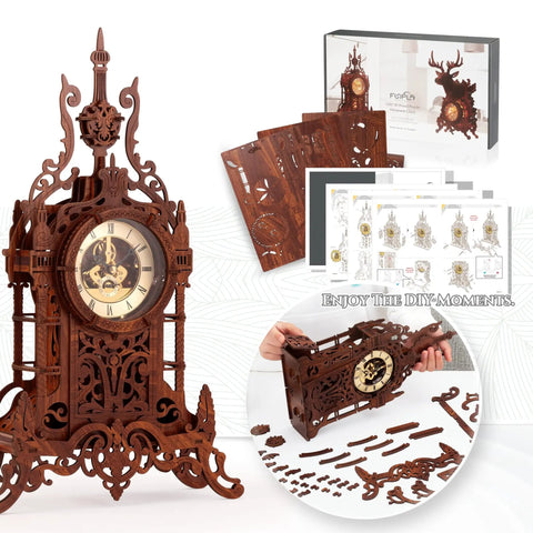 LED 3D Wood Puzzle Clock Tower Kit For Adults displaying assembled wooden clock, instruction booklet, and puzzle pieces layout.