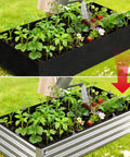 Two Pack Raised Garden Bed Liners With Breathable Fabric For Outdoor Gardens, Includes 12 Clips And Gloves, Keeps Soil Isolated In A 4x2 Ft Box, Garden Bed Not Included; top shows fabric liner and plants, bottom shows liner in metal bed.