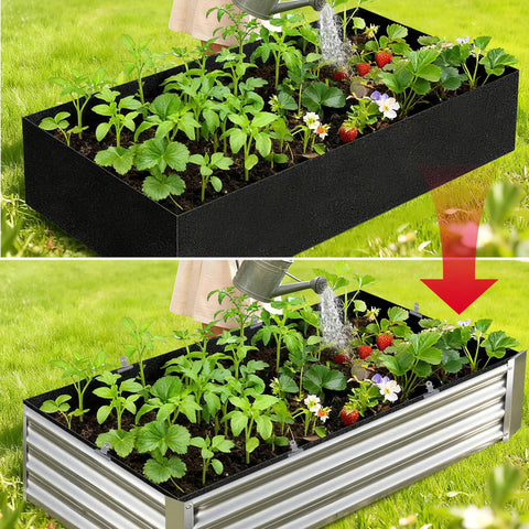 Two Pack Raised Garden Bed Liners With Breathable Fabric For Outdoor Gardens, Includes 12 Clips And Gloves, Keeps Soil Isolated In A 4x2 Ft Box, Garden Bed Not Included; top shows fabric liner and plants, bottom shows liner in metal bed.
