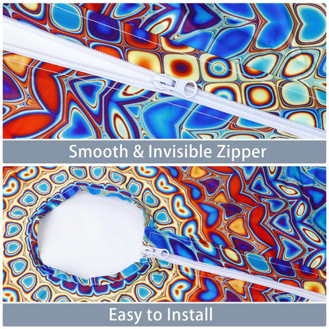Round Outdoor Tablecloth With Umbrella Hole Waterproof Oilproof Fitted Elastic Zippered Cover in abstract pattern, close-up view.