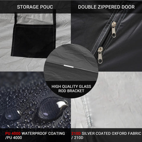 Collage showing features of the All Weather Two Bike Shed Tent With Double Doors PU4000 Silver Coated 210D Oxford Fabric.