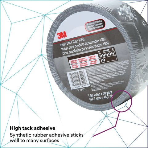 Value Duct Tape 1900 Single Roll, Silver Thin Cloth-Backed Film with High-Tack Synthetic Rubber Adhesive shown in packaging