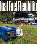 Dual Fuel 5000 Watt Portable Inverter Generator With Remote Start Gas Or Propane Powered in camping setup with RV and people