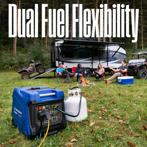 Dual Fuel 5000 Watt Portable Inverter Generator With Remote Start Gas Or Propane Powered in camping setup with RV and people