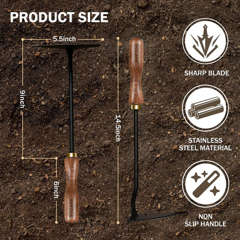 Triangle Hand Hoe For Weeding And Cultivating, Heavy Duty Stainless Steel Weed Puller With Walnut Handle and size dimensions