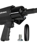 One Inch Drive Air Impact Wrench Packs Ball Bearings And Aluminum Body Pumping Kick Ass Twisting Force Up To 1500 Foot Pounds At 4200 Rpm showing black pneumatic tool with handle and bolt.
