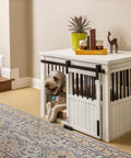 EcoFlex Homestead Sliding Barn Door Dog Crate in Antique White with dog inside, moisture-resistant furniture style, large size