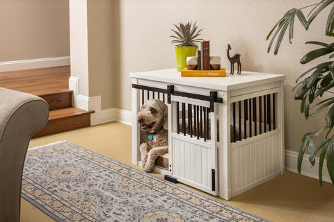 EcoFlex Homestead Sliding Barn Door Dog Crate in Antique White with dog inside, moisture-resistant furniture style, large size