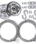 All In One DIY Friendly Garage Door Cable Replacement Kit With One Eighth Inch And Three Thirty Second Inch Galvanized Aircraft Cables Three Inch Pulleys And Fourteen Piece Hardware Set For Easy Extension Spring Garage Door Repair showing cables, pulleys, and hardware.