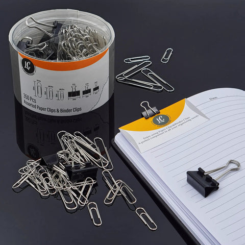 350 Pack Paper Clips And Binder Clips Set With Storage Container, assorted sizes, silver paper clips and black binder clips