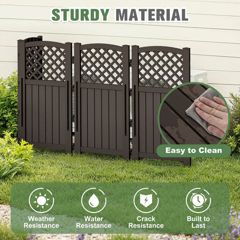 Outdoor Privacy Screen For Trash Cans And AC Units, 4 Panel Enclosure In Brown close-up, highlights easy-clean surface, durability icons