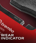 Close-up of Brembo wear indicator on Premium Ceramic Front Disc Brake Pad Set For Dodge Holden Mitsubishi Subaru.