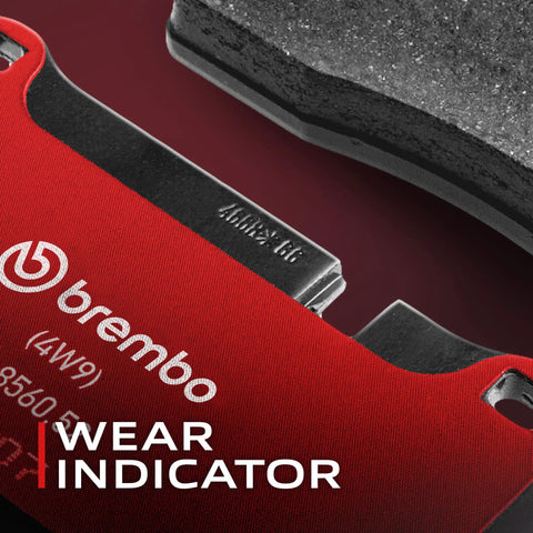 Close-up of Brembo wear indicator on Premium Ceramic Front Disc Brake Pad Set For Dodge Holden Mitsubishi Subaru.